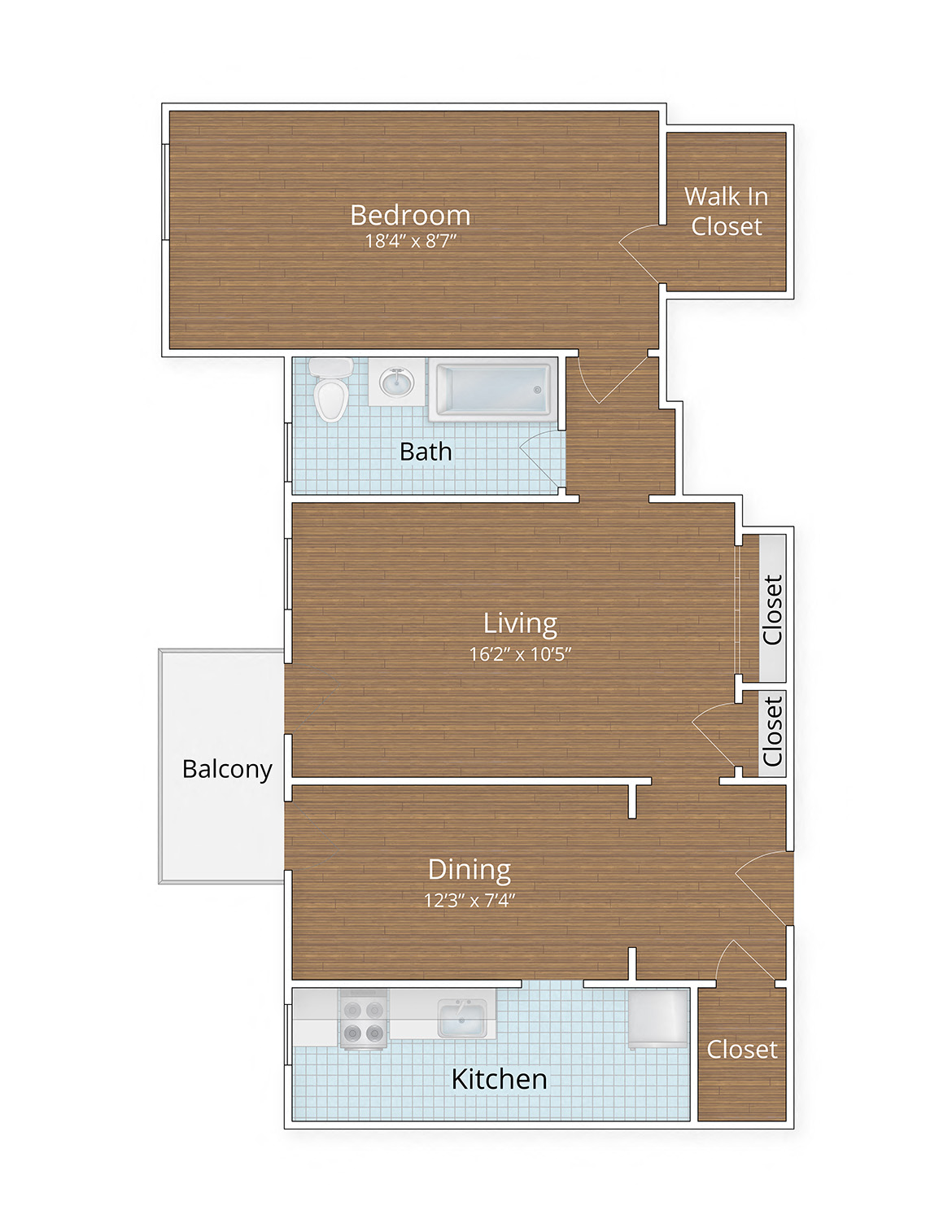 Floor plan for 1 bed, 1 bath, 844 sqft